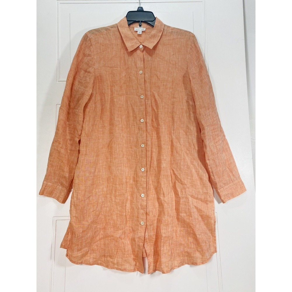 J Jill‎ Love Linen M  Tunic Top Shirt LongButton Front Side Slit Orange Preowned